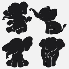 Obraz premium Zestaw kreskówka sylwetki słonia z różnymi pozami i wyrażeniami