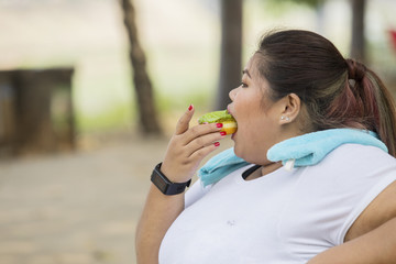 Overweight woman eating doughnuts while resting during morning exercise