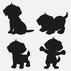 Set of dog silhouettes cartoon with different poses and expressions