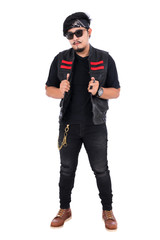 biker man in black leather jacket isolated on white background