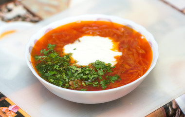 Closeup of borsch, russian national red soup