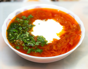 Closeup of borsch, russian national red soup