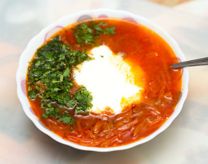 Closeup of borsch, russian national red soup