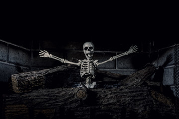 Halloween Skeleton on Fireplace Burned Logs Holding Arms Out with Jaw Open