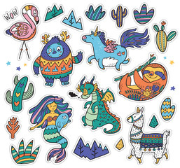 Creative set with Yeti, unicorn, dragon, mermaid, llama and sloth in cartoon style. Vector illustration