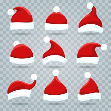 Santa hat. Christmas costume nicholas hats isolated on transparent background, vector santa wearing in cartoon style for kids