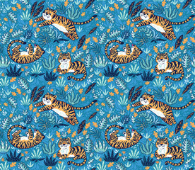 Fototapeta premium Cute tigers playing together seamless pattern. Tropical vector surface background