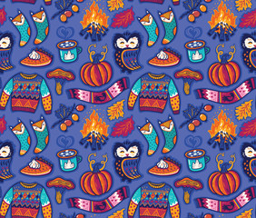 Fototapeta premium Seamless autumn pattern with pumpkin, jumper and coffee. Hugge season. Vector illustration