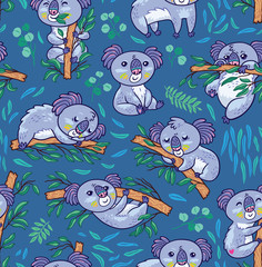 Fun koalas in the eucalyptus seamless pattern. Vector illustration