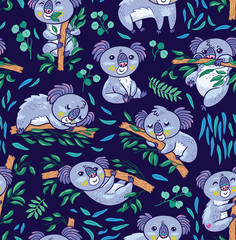 Fun koalas in the eucalyptus seamless pattern. Hand drawn vector illustration