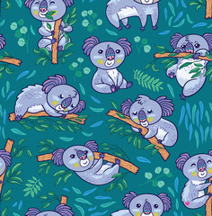 Fun koalas in the eucalyptus seamless pattern. Hand drawn vector illustration