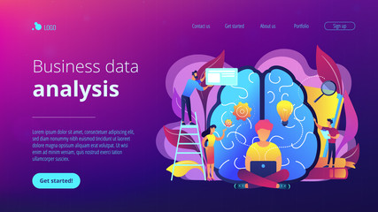 Business analyst working on laptop with business intelligence. Business data analysis, data management, database technologies and analysis tools concept, violet palette. Vector landing page.