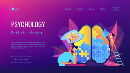 Man doing human brain puzzle. Psychology and psychotherapy landing page. Mental healing and wellbeing, therapist counselling, mental difficulties. Vector illustration on ultraviolet background.