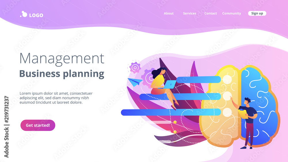 Poster brain with tasks and users with laptops planning. management and business planning landing page. ana