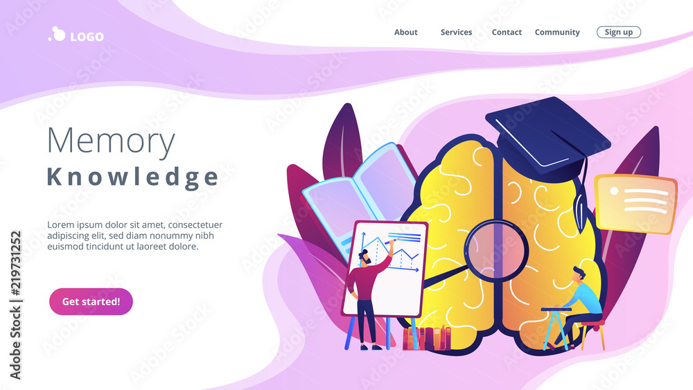 Poster brain with magnigier and academic cap and user learning. memory and knowledge landing page. learning