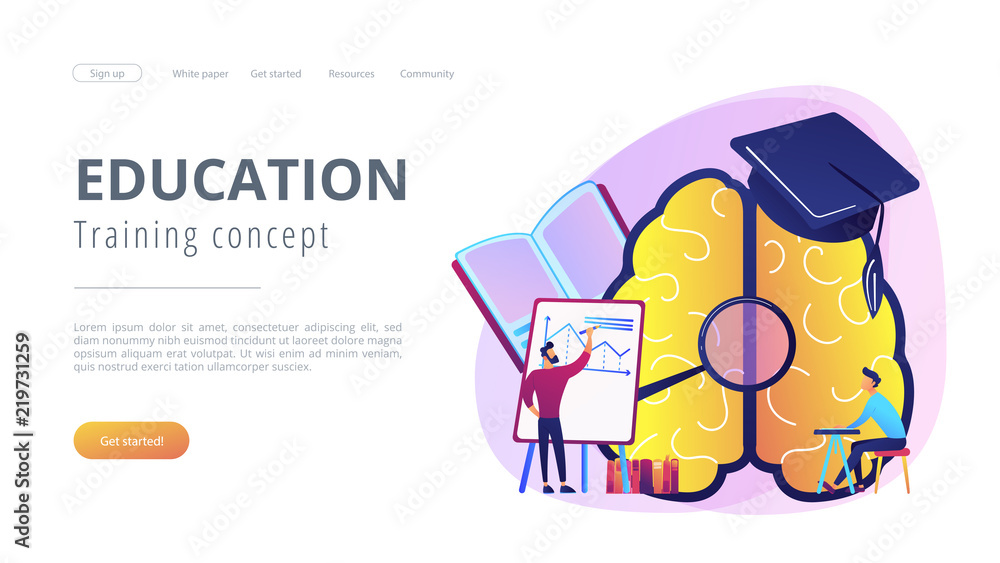 Poster brain with magnigier, academic cap and user learning. education and training concept landing page. l