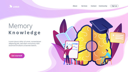 Brain with magnigier and academic cap and user learning. Memory and knowledge landing page. Learning style and brain process, education and training concept, violet palette. Vector illustration.