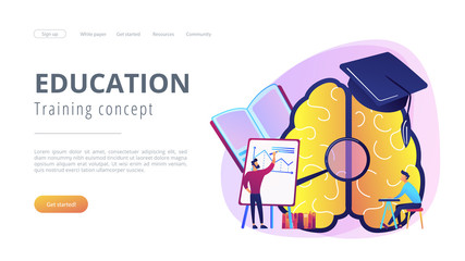 Brain with magnigier, academic cap and user learning. Education and training concept landing page. Learning style and brain process, memory and knowledge, violet palette. Vector illustration.