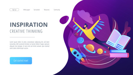 Open book, user flying in space among planets. Inspiration and creative thinking landing page. Imagination and vision, fantasy, motivation concept. Vector illustration on ultraviolet background.