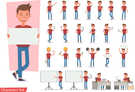 Set of office man worker character vector design. Presentation in various action with emotions, running, standing, walking and working.