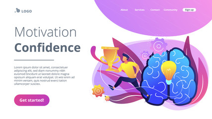 Brain with bulb and user jumps carrying cup. Motivation and confidence concept landing page. Challenge and move for success, motivation and goals achievement, violet palette. Vector illustration.