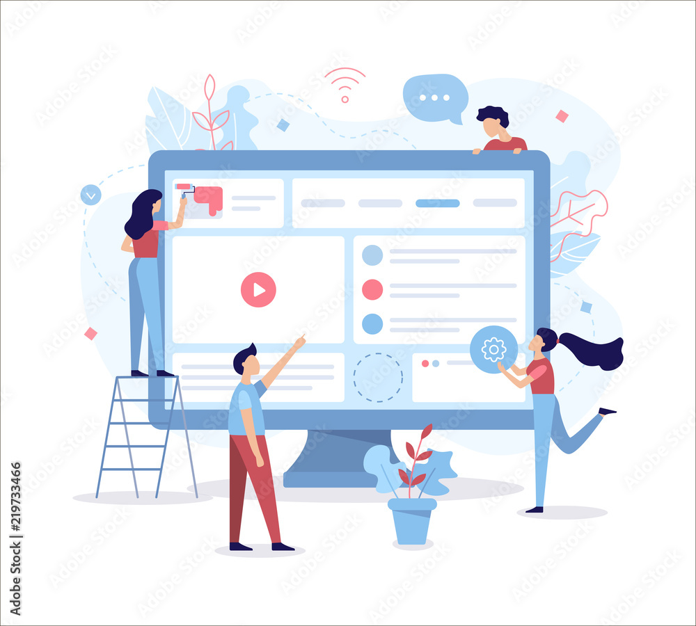 Fototapete A team of web developers build a website. Teamwork project. Flat vector illustration.
