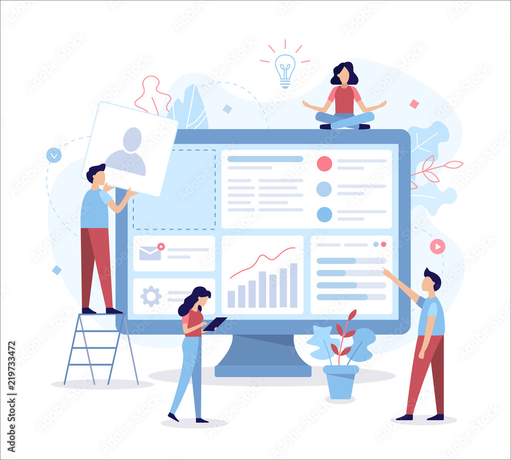 Fototapete The team of web developers constructs a personal user account or admin panel for the website. Flat vector illustration.