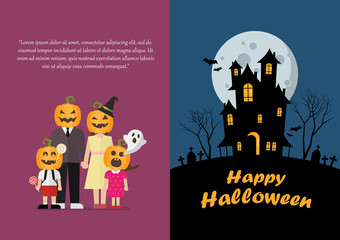 Halloween family and haunted house greeting card