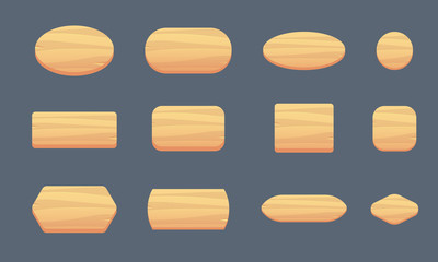 Set of wooden buttons for a gaming interface of various shapes. Wooden forms for writing.