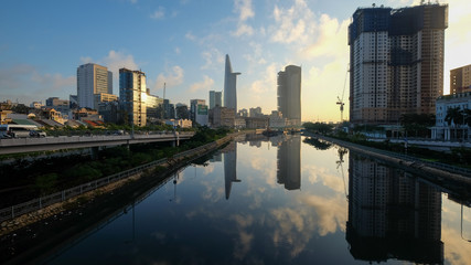 Fototapeta premium Beautiful landscape sunset of Ho Chi Minh city or Sai Gon, Vietnam. Royalty high-quality free stock image of Ho Chi Minh City with skyscraper buildings. Ho Chi Minh city is the biggest city in Vietnam