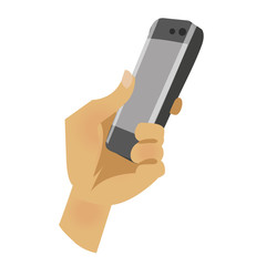 Male hand holds a smartphone. Finger touchs screen. Vector icon isolated on white background.