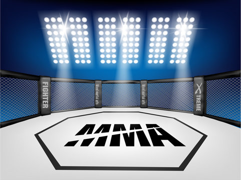 Empty Cage martial arts fighting arena stage with Lighting style:mma