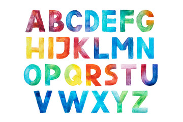 Fototapeta Colorful watercolor aquarelle font type handwritten hand draw abc alphabet letters. obraz