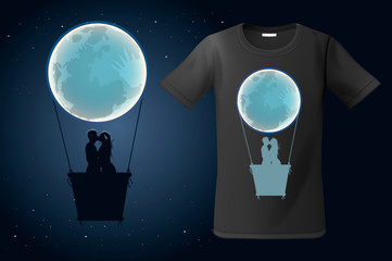Moon hot air ballon with two kissing people, t-shirt design, modern print use for sweatshirts, souvenirs and other uses, vector illustration.