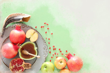 watercolor style and abstract image of Rosh hashanah (jewish New Year holiday) concept. Traditional symbols.