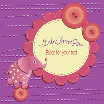 Funny elephant on the button. Baby shower card. Template invitations , greetings with cute toys, place for your text. The gift box design, with letters and children's illustrations.
