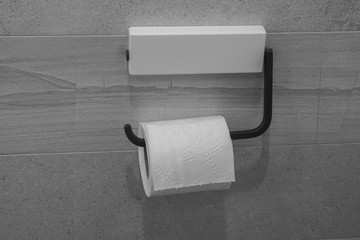 black and white tissue paper in the hanger in toilet for cleaning