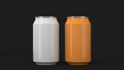 Two small white and orange aluminum soda cans mockup on black background