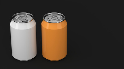Two small white and orange aluminum soda cans mockup on black background