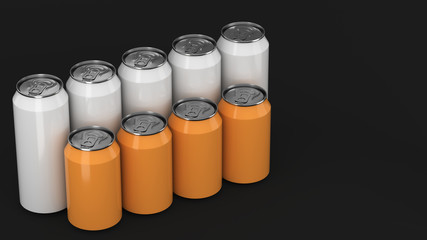  White and orange soda cans standing in two raws on black background