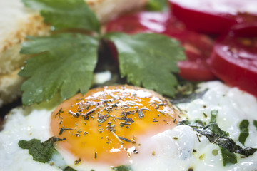 fried eggs with toast and tomatoes, Breakfast