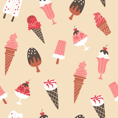 Hand Drawn Ice Cream Seamless Pattern. Vector Background Illustration.