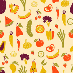 Vector Seamless Pattern with Vegetarian Food on White Background.