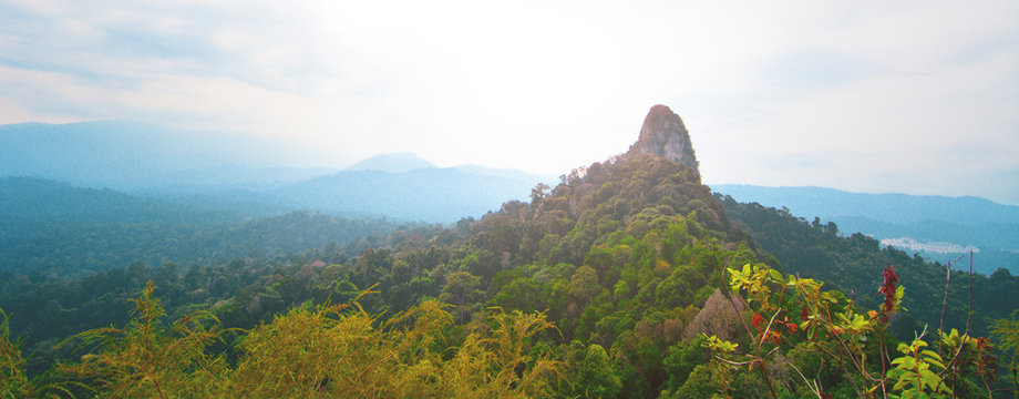 Panorama view of Bukit Tabur hill with water dam in early morning.
