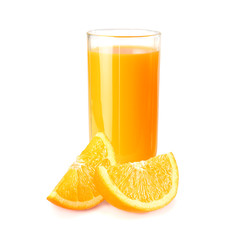 orange juice with orange isolated on white background. juice in glass