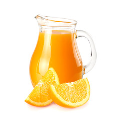 orange juice with orange isolated on white background. juice in jug