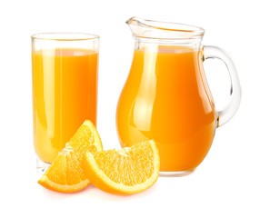 Naklejka na ściany i meble orange juice with orange isolated on white background. juice in glass