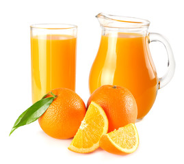 orange juice with orange and green leaf isolated on white background. juice in glass