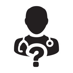 Online doctor consultation icon vector male person profile avatar with question symbol for medical answers in glyph pictogram illustration