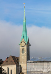 Tower of the Fraumunster cathedral in the city of Zurich, Switzerland